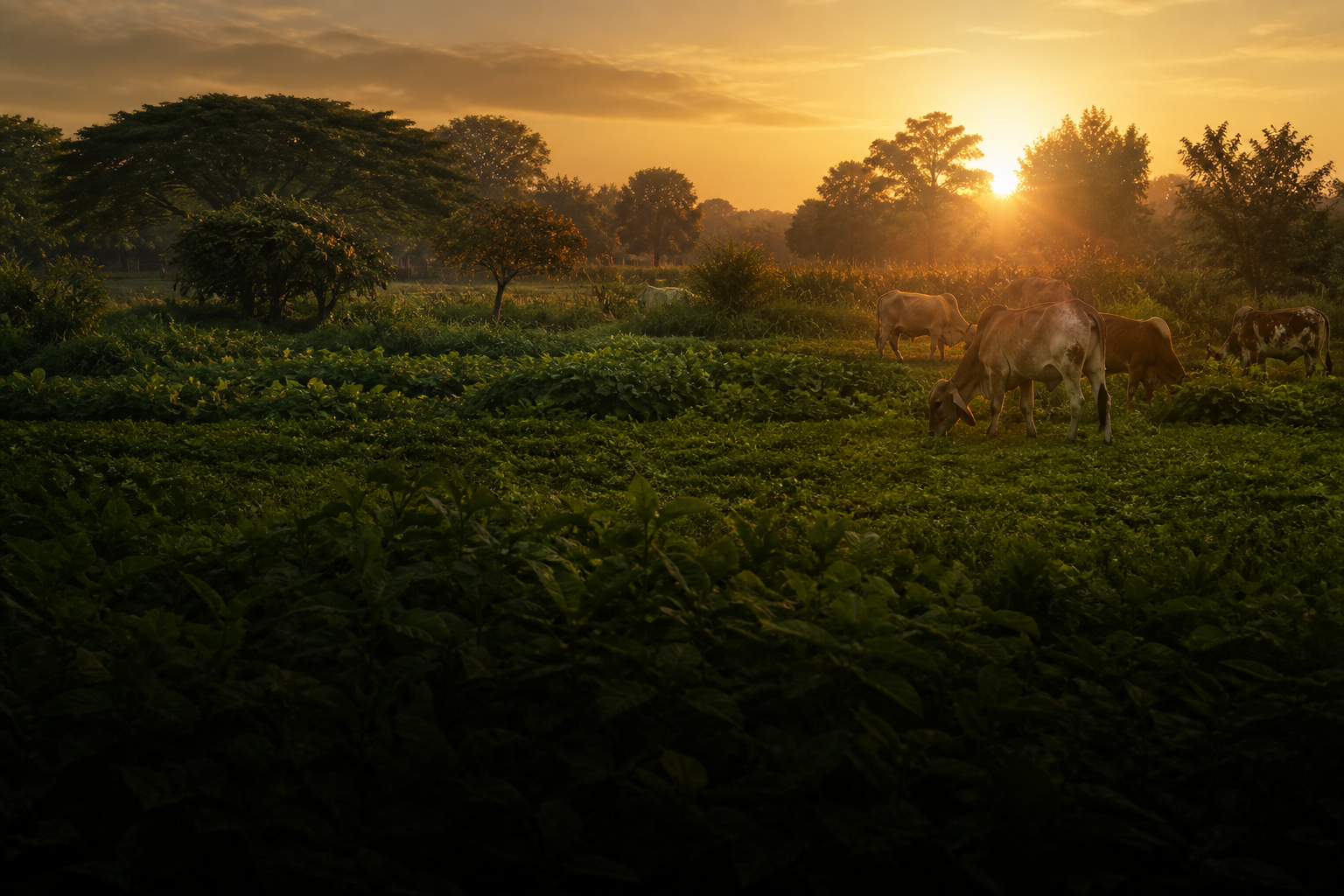 Gir cows at sunrise on a native farm